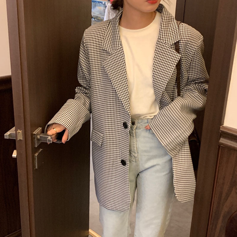 Checked long sleeve small suit jacket
