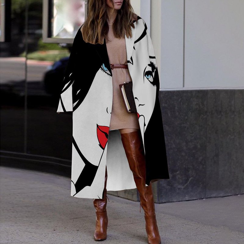 Fall Winter Mid Length Wool Lapel Print Jacket