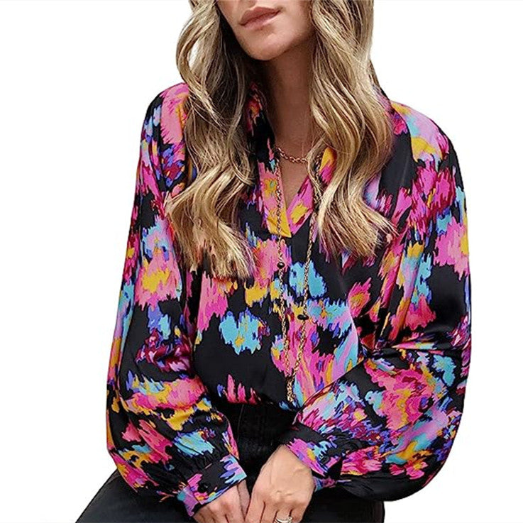 Women's Fashion Loose Temperament V-neck Printed Shirt