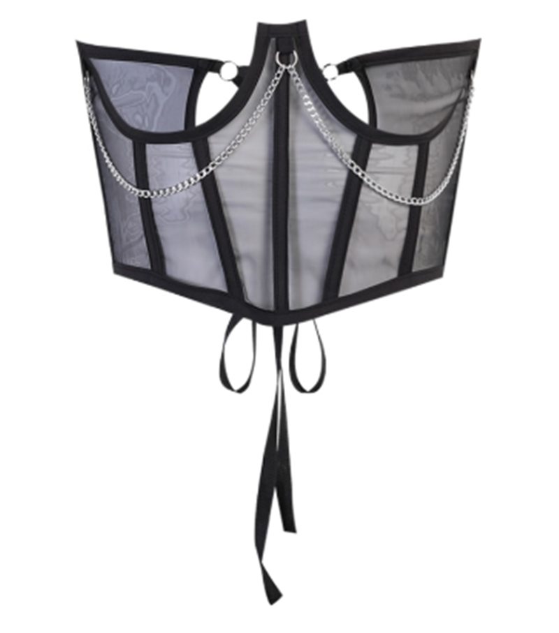 Punk Metal Chain Black Corset Mall Goth High Waist Corsets Harajuku Vintage Mesh See Through Waist Shaper Women Corsets