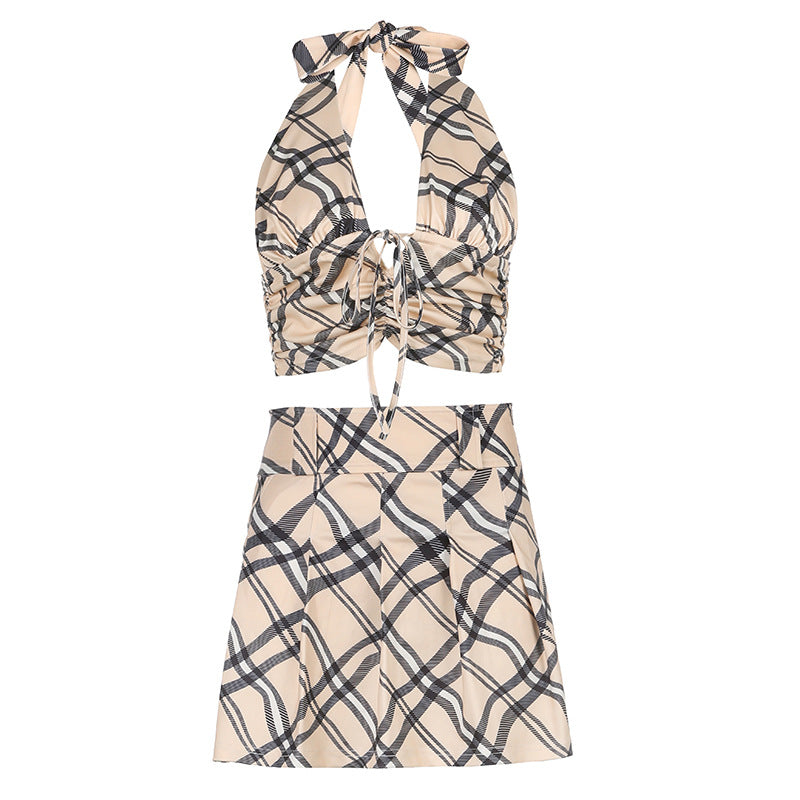 Sexy Checked Strapless Waistcoat Suit With Straps