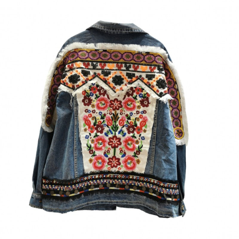 Embroidered Sequined Long-sleeved Denim Jacket