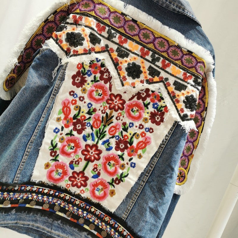 Embroidered Sequined Long-sleeved Denim Jacket