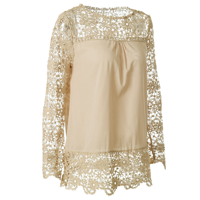 Chiffon Shirt Women's Long-sleeved Hollow Flower Lace Casual Top