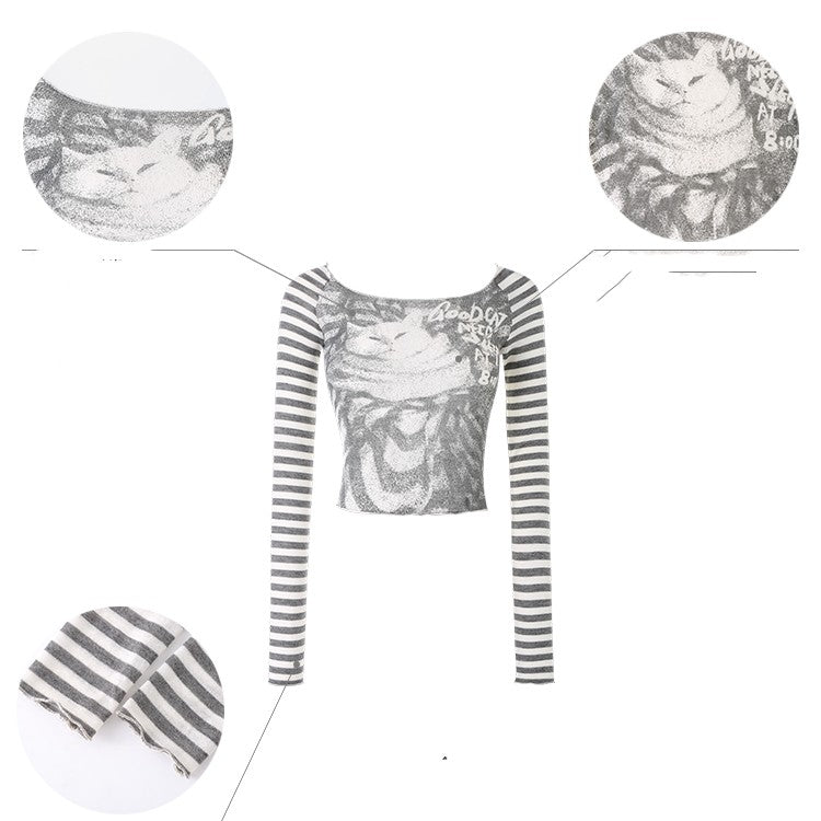 Off Shoulder Cat Letter Contrast Long Sleeve