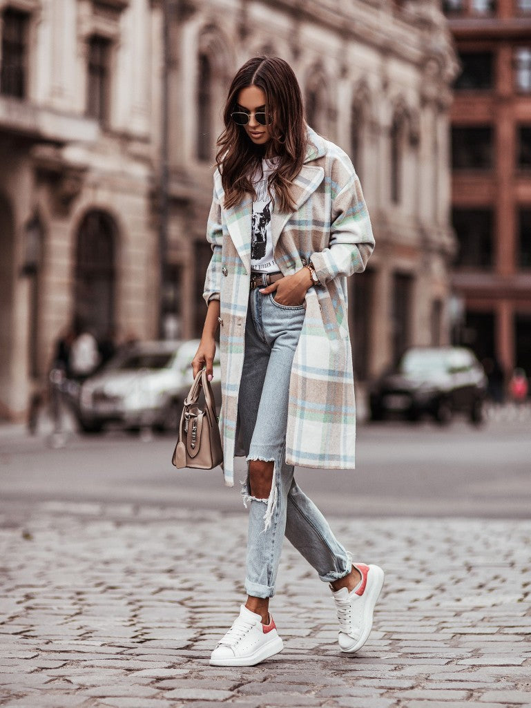 Long Sleeve Button Lapel Casual Warm Plaid