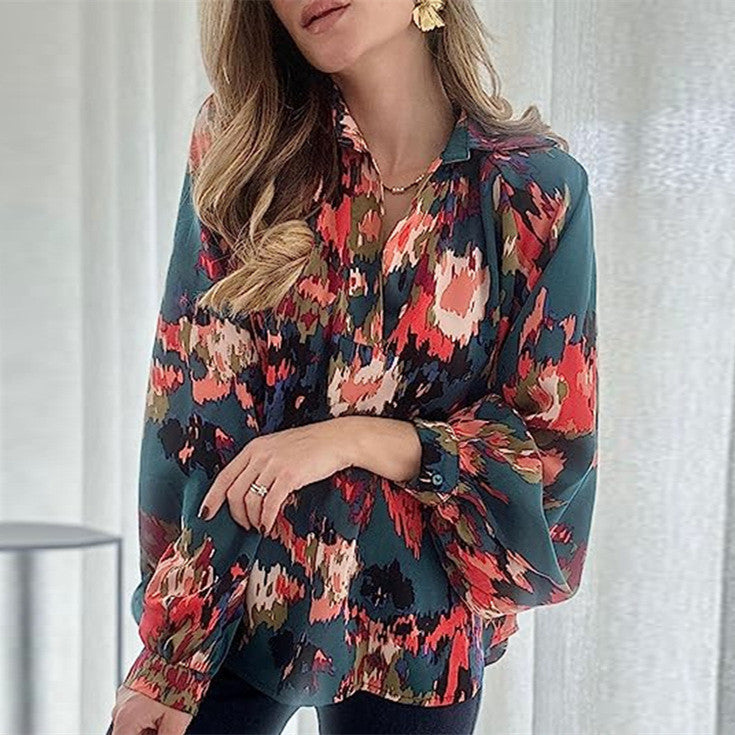 Women's Fashion Loose Temperament V-neck Printed Shirt