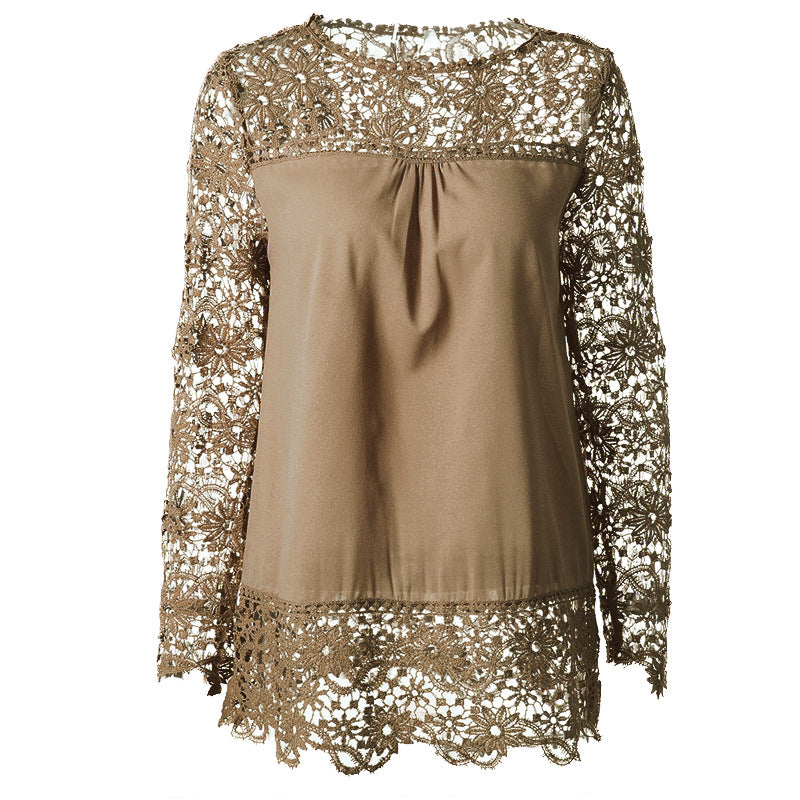 Chiffon Shirt Women's Long-sleeved Hollow Flower Lace Casual Top