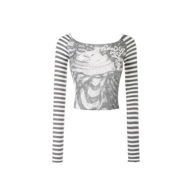 Off Shoulder Cat Letter Contrast Long Sleeve