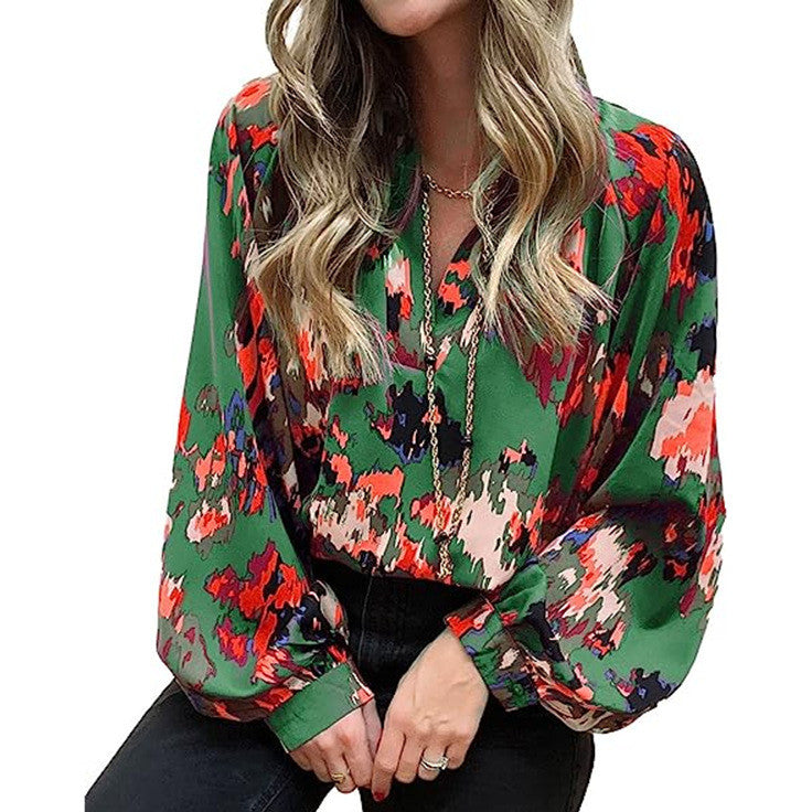 Women's Fashion Loose Temperament V-neck Printed Shirt