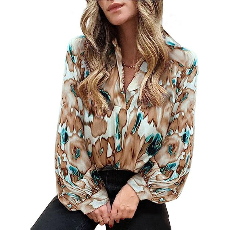 Women's Fashion Loose Temperament V-neck Printed Shirt