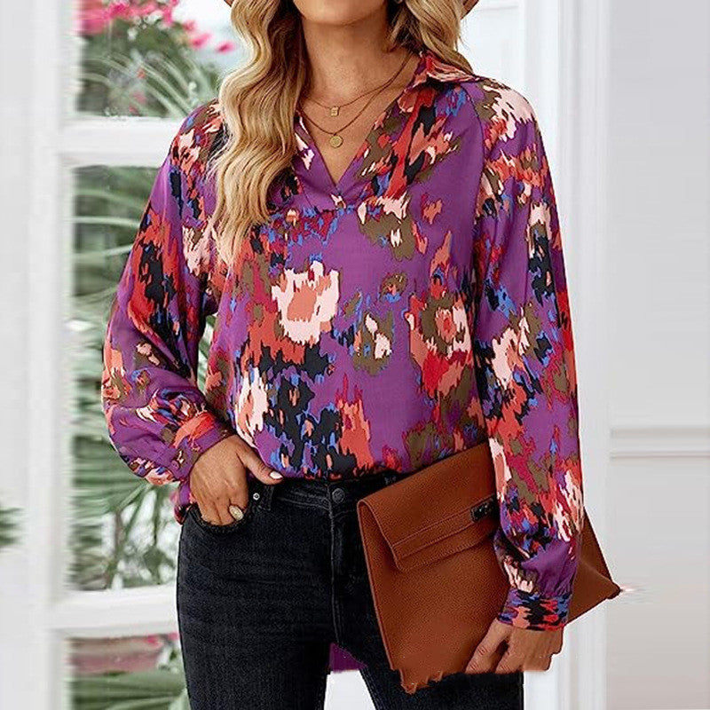 Women's Fashion Loose Temperament V-neck Printed Shirt
