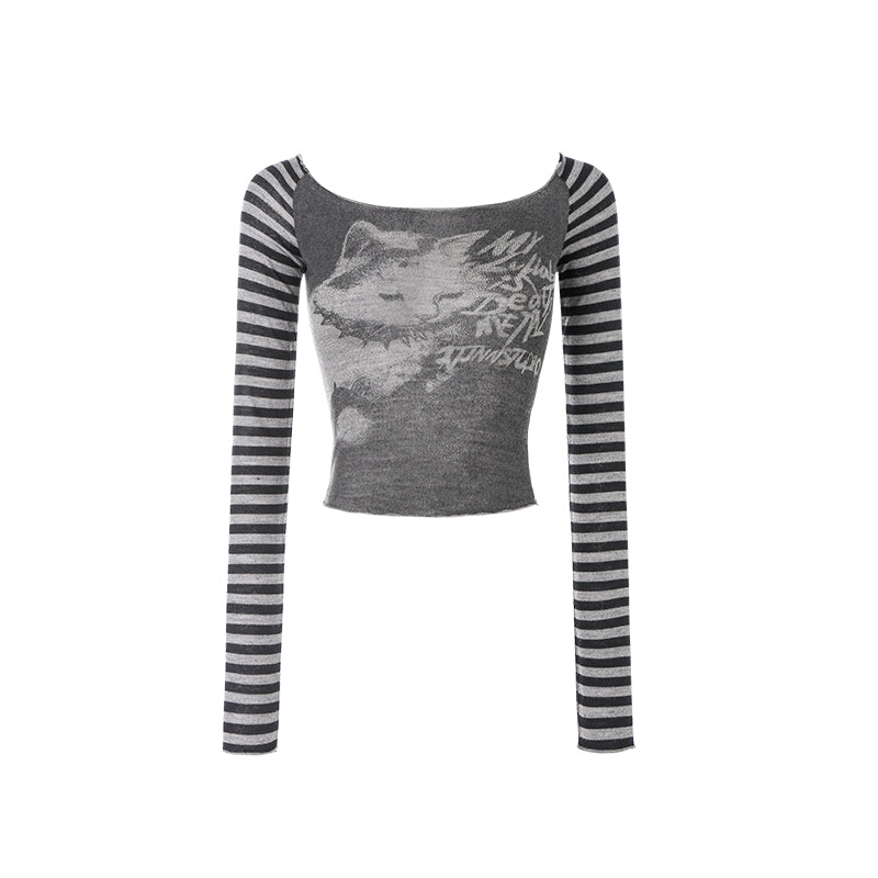 Off Shoulder Cat Letter Contrast Long Sleeve