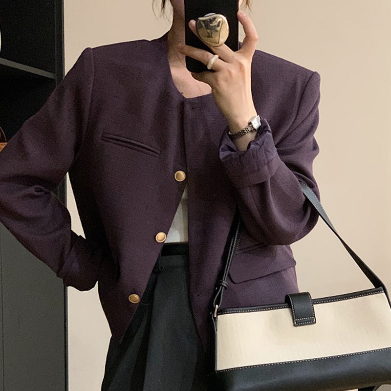 Vintage Simple Round Neck Heavy Metal Single Breasted Coat
