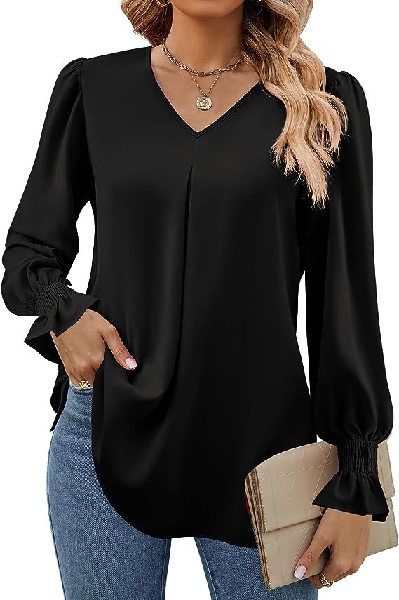 Women's Fashion Casual Solid Color Chiffon Shirt V-neck Long Sleeve Top