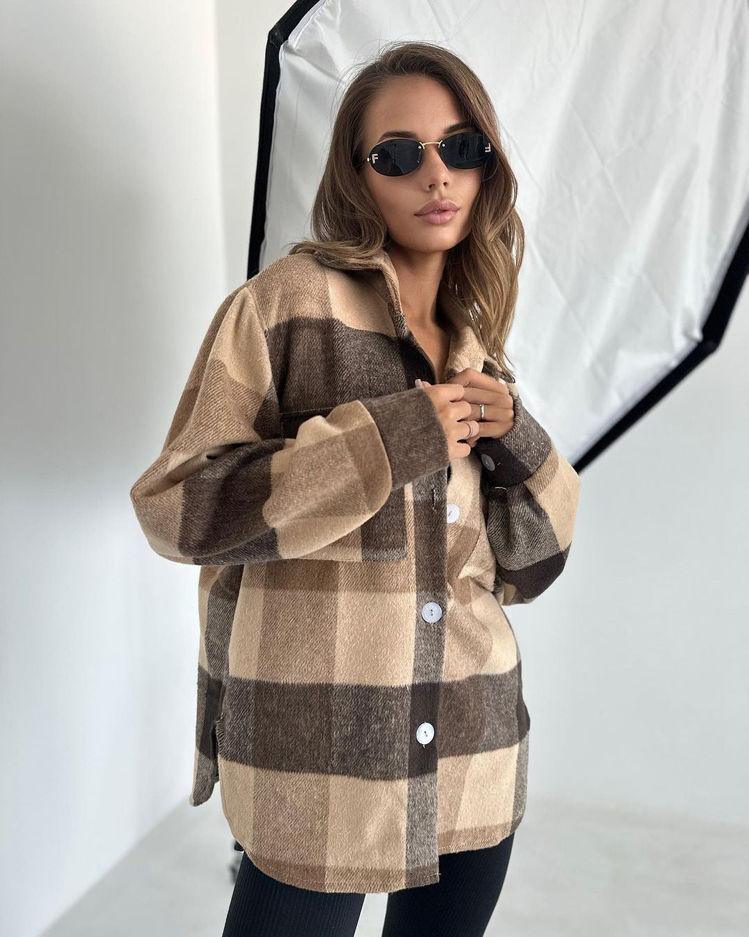 Casual Long-sleeved Cardigan Lapel Plaid Shirt For Women