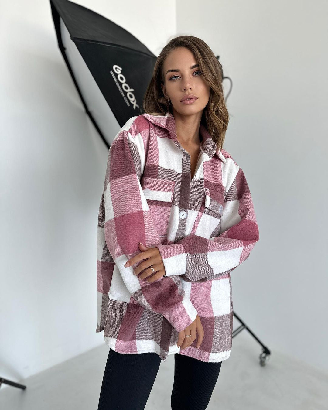Casual Long-sleeved Cardigan Lapel Plaid Shirt For Women