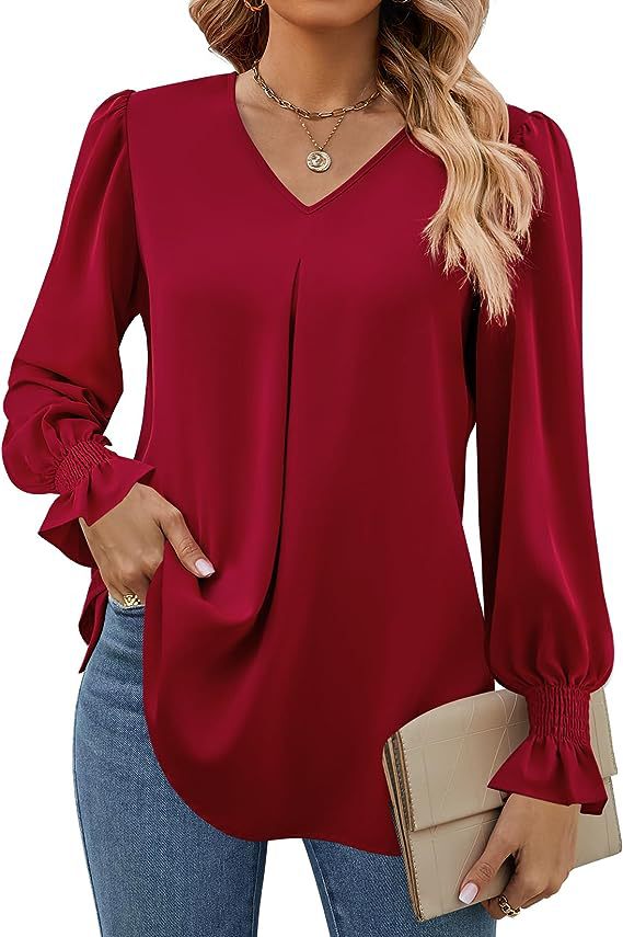 Women's Fashion Casual Solid Color Chiffon Shirt V-neck Long Sleeve Top