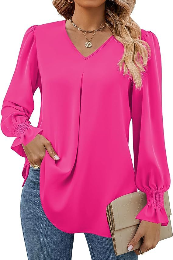 Women's Fashion Casual Solid Color Chiffon Shirt V-neck Long Sleeve Top