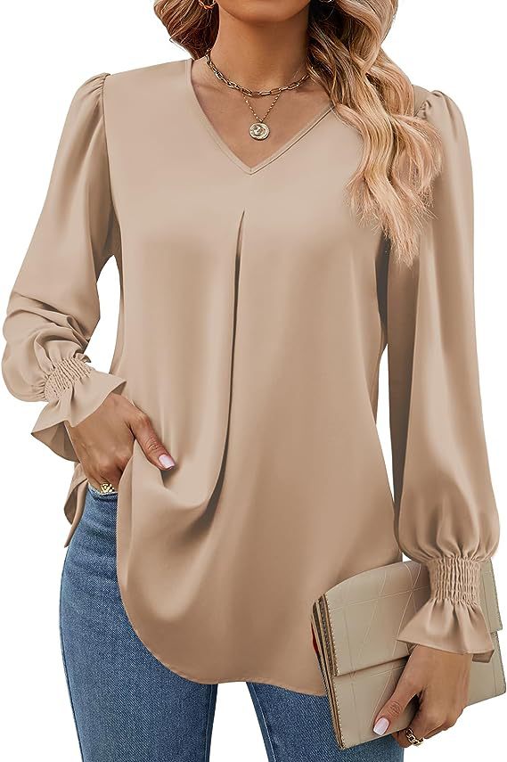 Women's Fashion Casual Solid Color Chiffon Shirt V-neck Long Sleeve Top