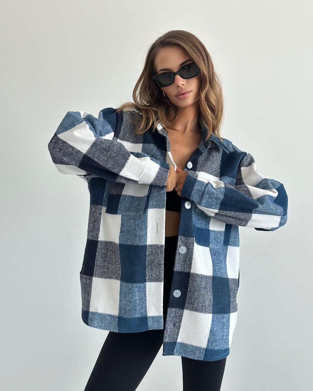 Casual Long-sleeved Cardigan Lapel Plaid Shirt For Women