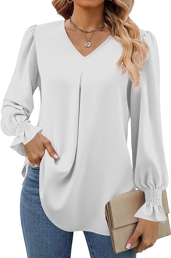 Women's Fashion Casual Solid Color Chiffon Shirt V-neck Long Sleeve Top