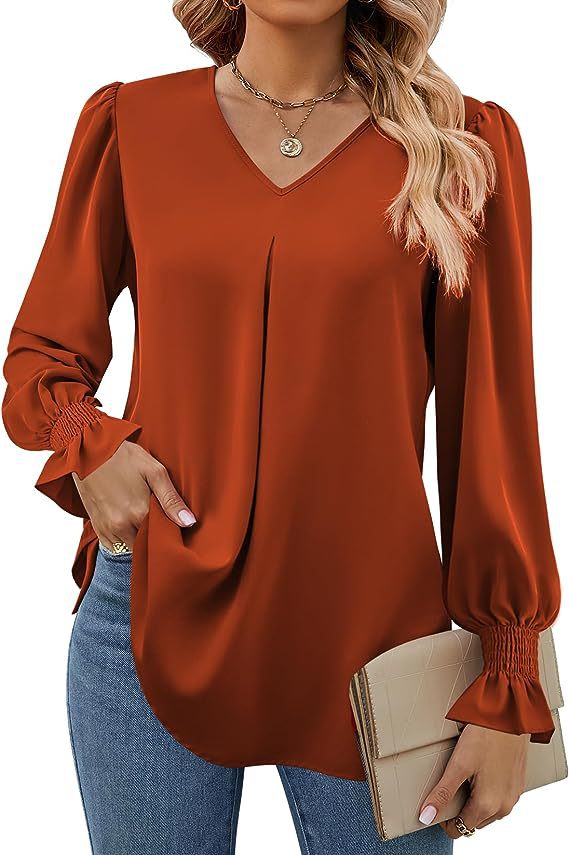 Women's Fashion Casual Solid Color Chiffon Shirt V-neck Long Sleeve Top