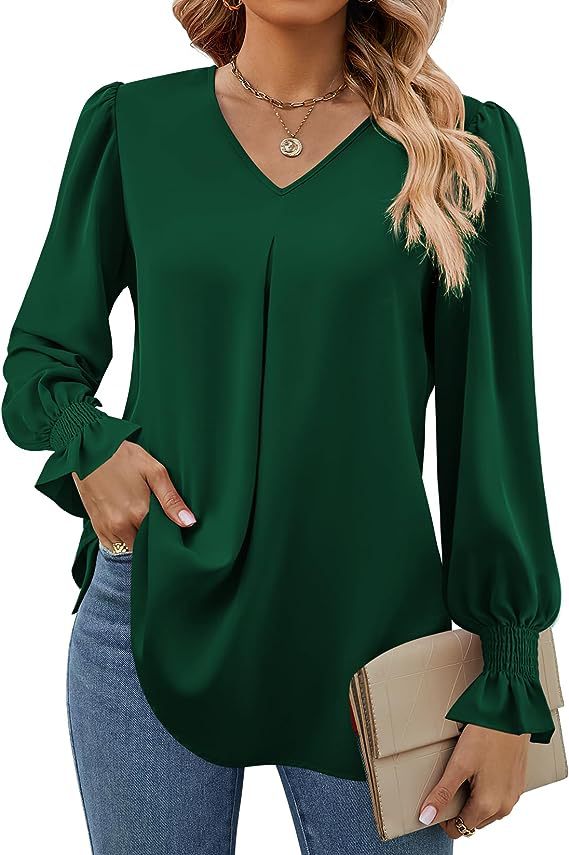 Women's Fashion Casual Solid Color Chiffon Shirt V-neck Long Sleeve Top