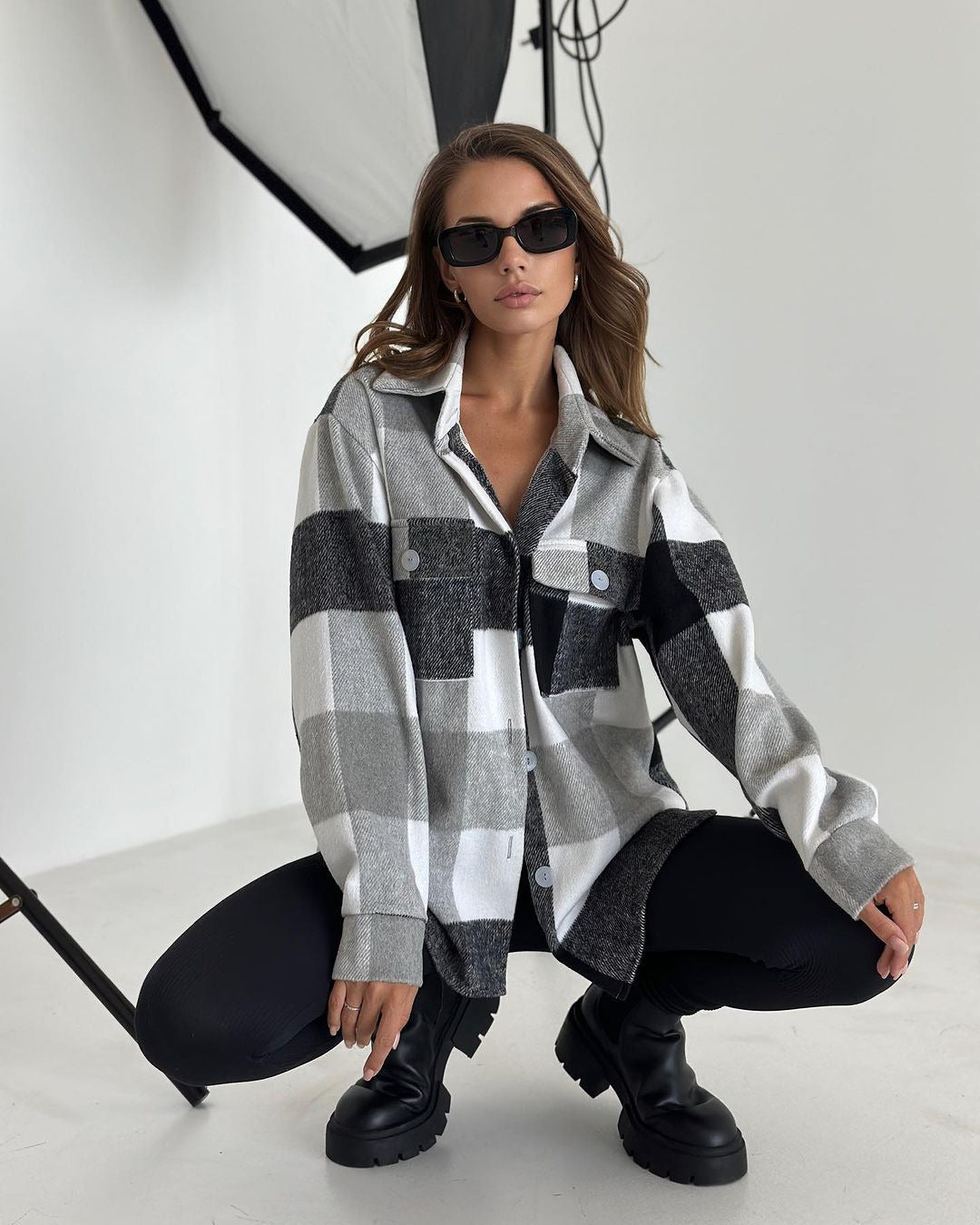 Casual Long-sleeved Cardigan Lapel Plaid Shirt For Women