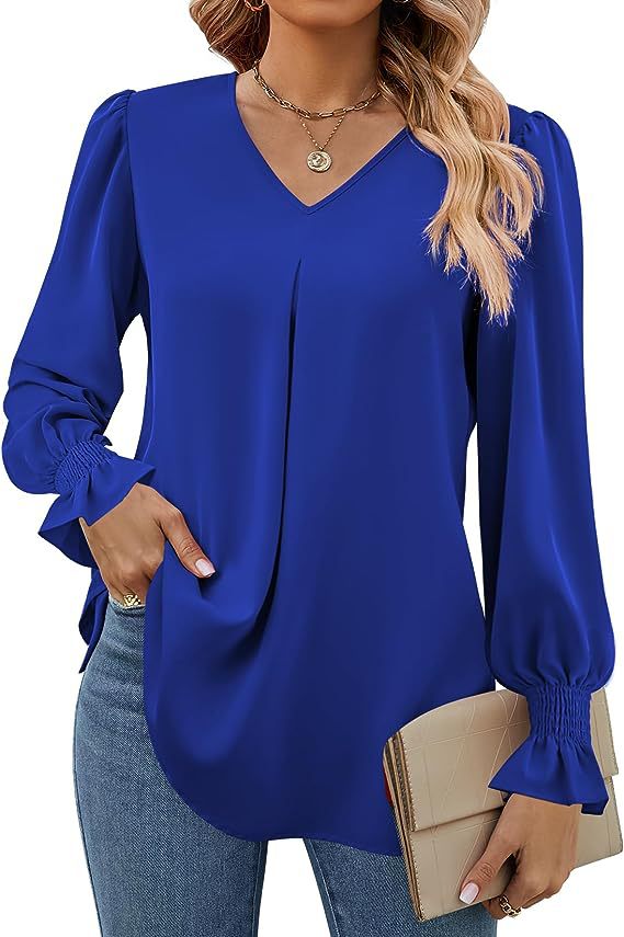 Women's Fashion Casual Solid Color Chiffon Shirt V-neck Long Sleeve Top