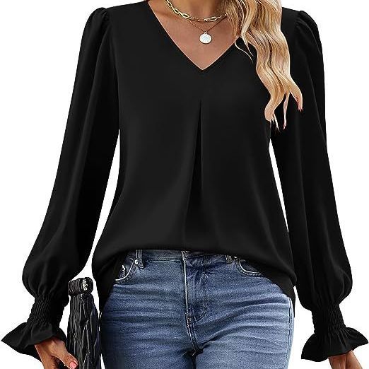 Women's Fashion Casual Solid Color Chiffon Shirt V-neck Long Sleeve Top