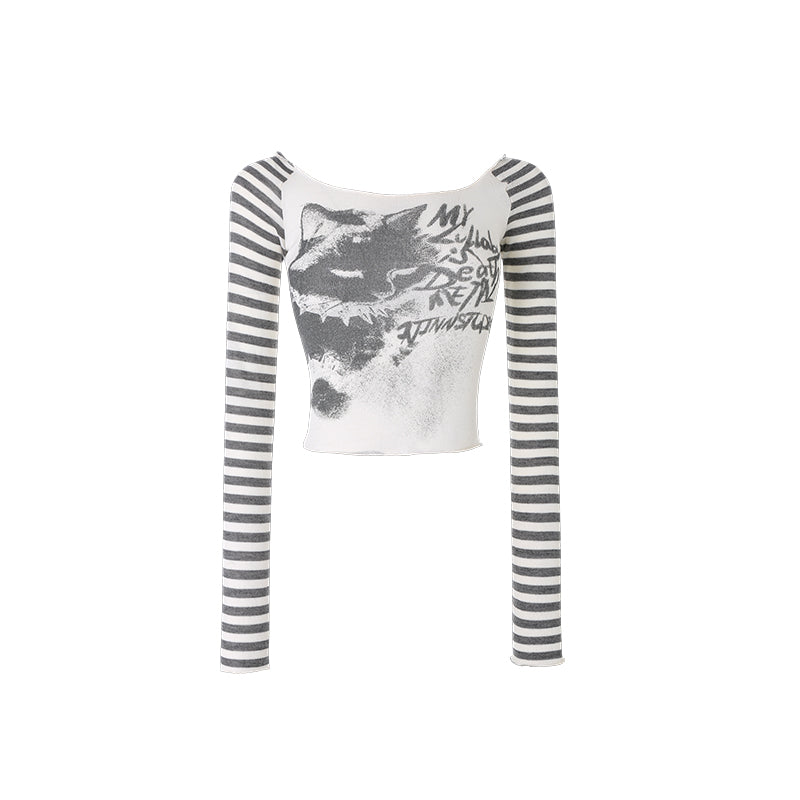 Off Shoulder Cat Letter Contrast Long Sleeve