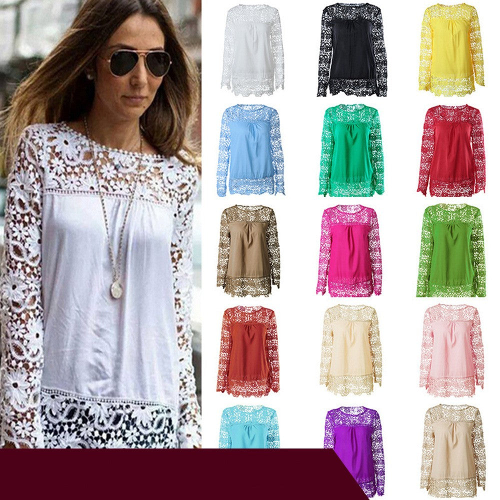 Chiffon Shirt Women's Long-sleeved Hollow Flower Lace Casual Top