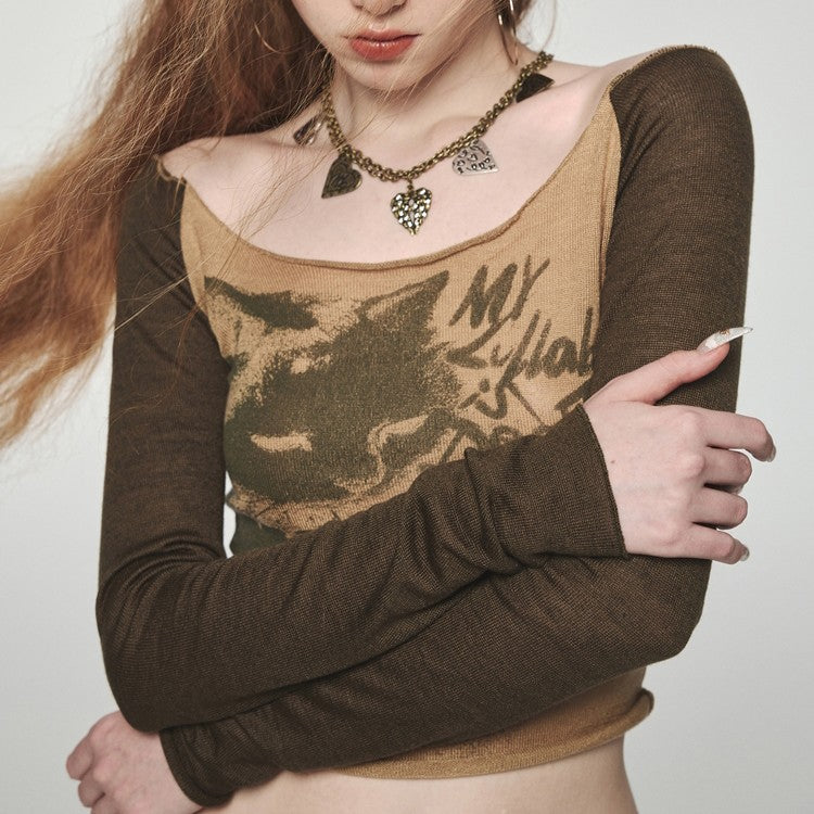 Off Shoulder Cat Letter Contrast Long Sleeve