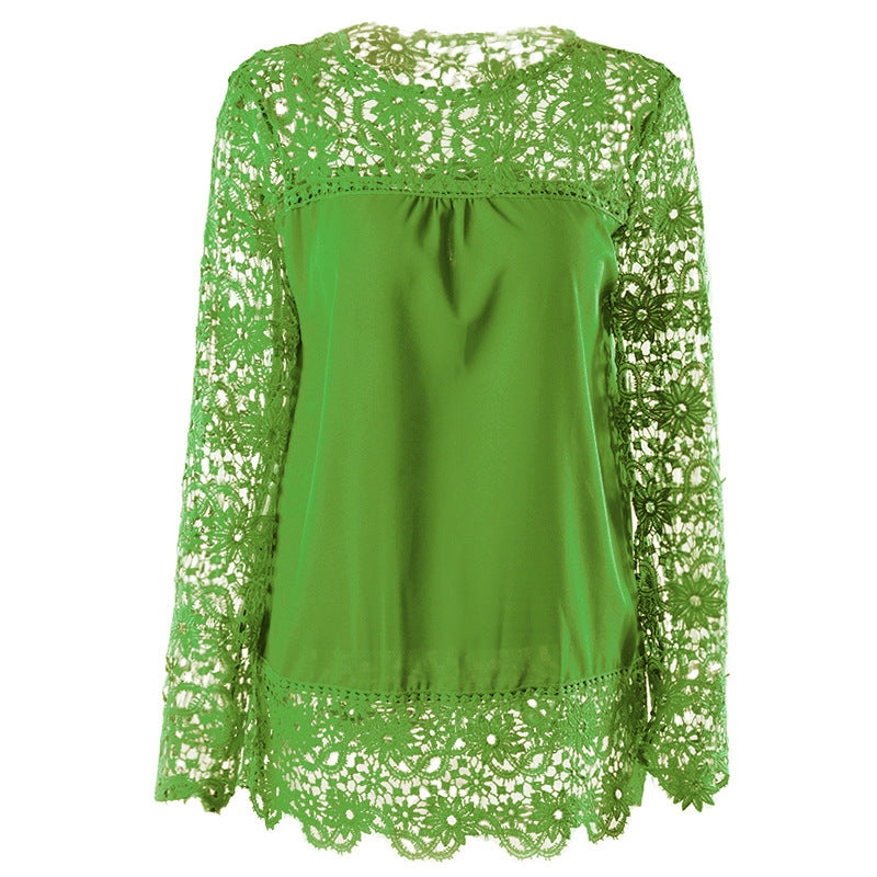 Chiffon Shirt Women's Long-sleeved Hollow Flower Lace Casual Top