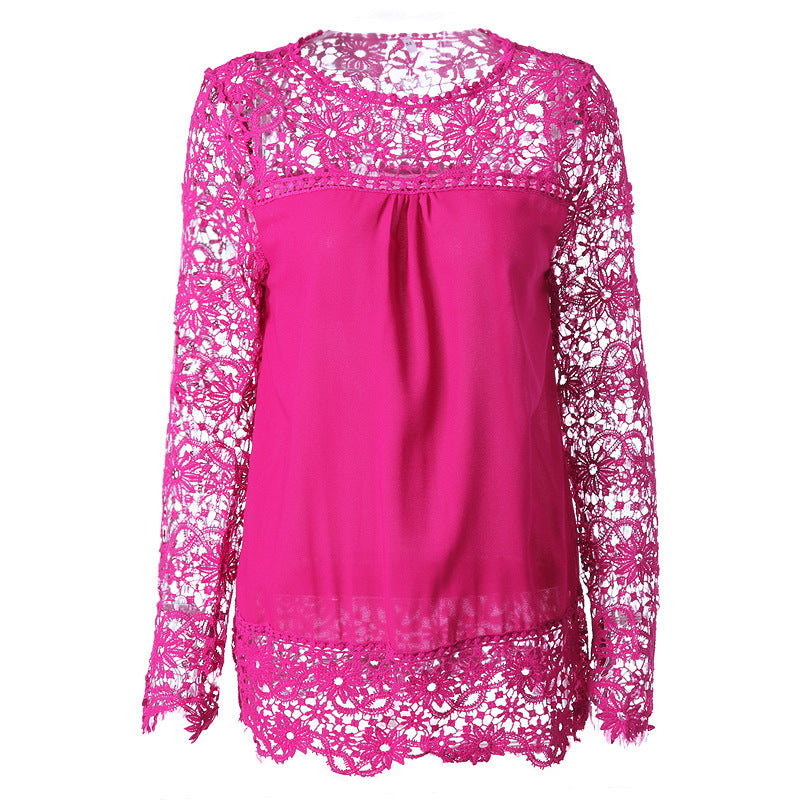 Chiffon Shirt Women's Long-sleeved Hollow Flower Lace Casual Top
