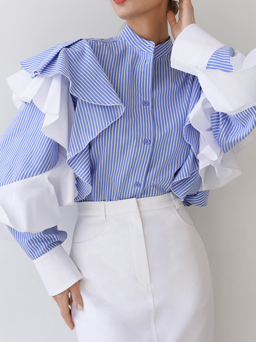 Women's Fashionable All-match Elegant French Striped Ruffled Shirt