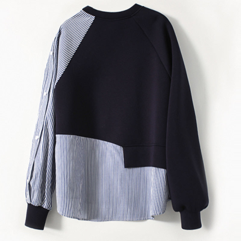 Women's Fashion Commuter Loose Air Layer Round Neck Stripes Patchwork Sweater
