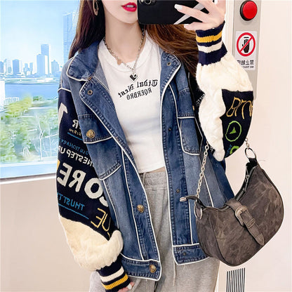 Design Sense Knitted Splicing Sleeve Denim Autumn Coat Women