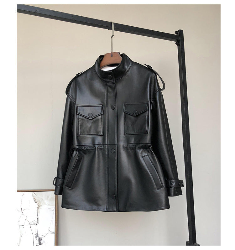 Small Waisted Leather Sheepskin Trench Coat