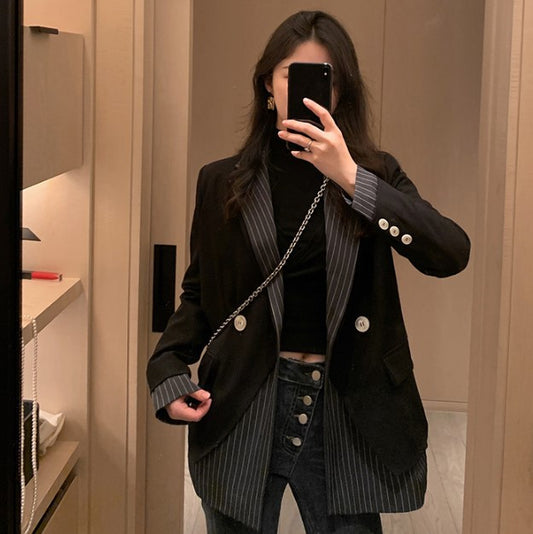 Design Sense Fried Street Black Suit Jacket Korean Style Loose British Style Small Suit
