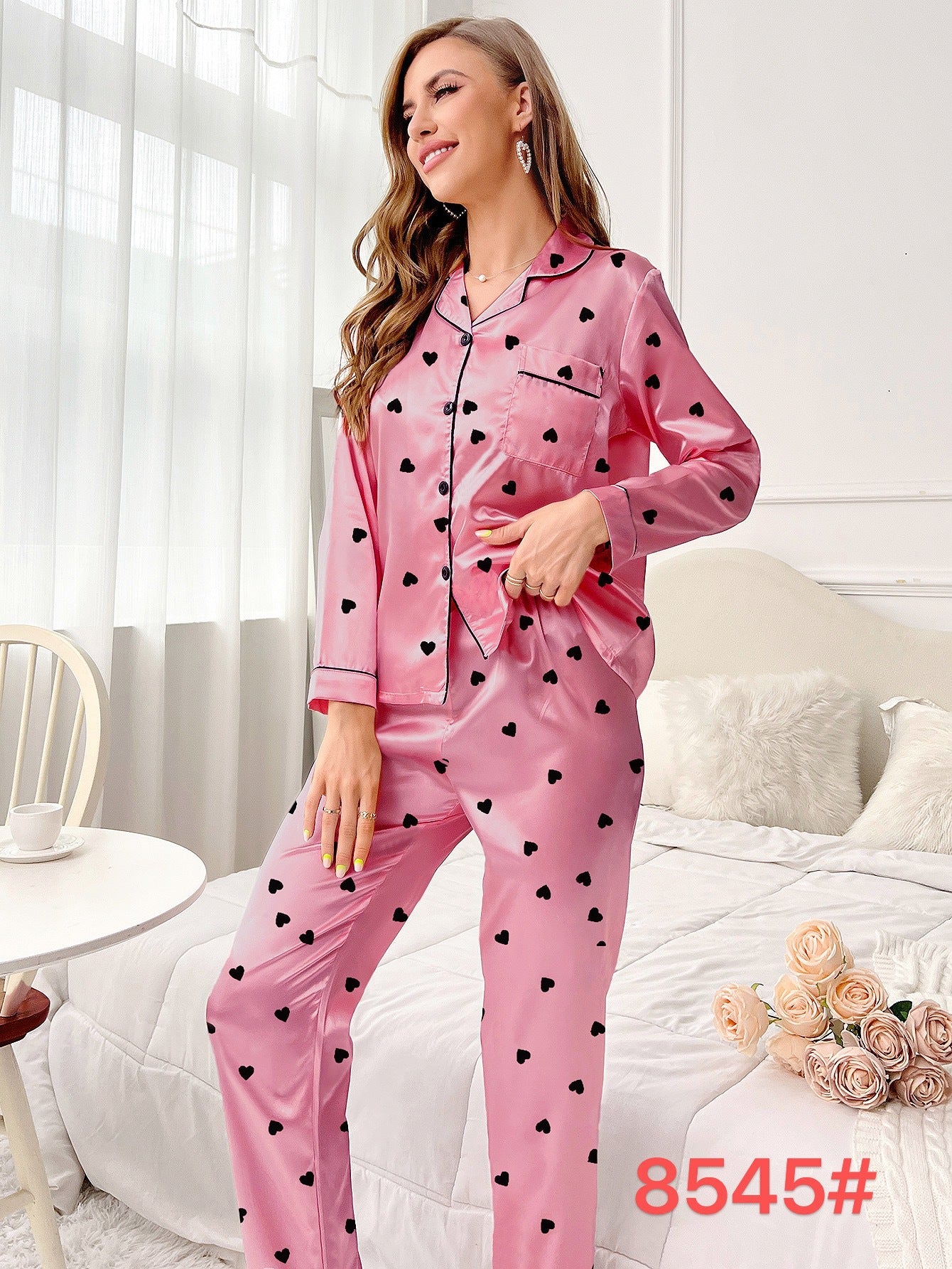 Pajamas Women's Sweet Luxury 5050 Artificial Silk Lapel Long Sleeve Trousers Home Wear Two-piece Suit