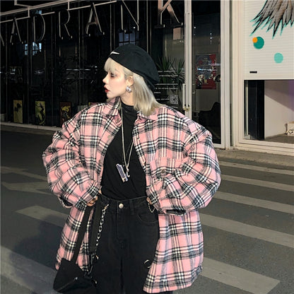 Streetwear Punk Vintage Pink Plaid Loose Winter Women Jackets