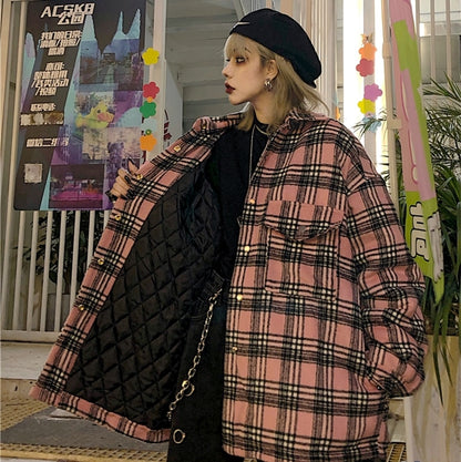 Streetwear Punk Vintage Pink Plaid Loose Winter Women Jackets