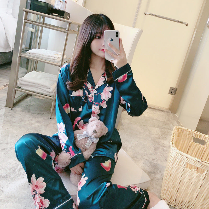 Pajamas Women's Sweet Luxury 5050 Artificial Silk Lapel Long Sleeve Trousers Home Wear Two-piece Suit