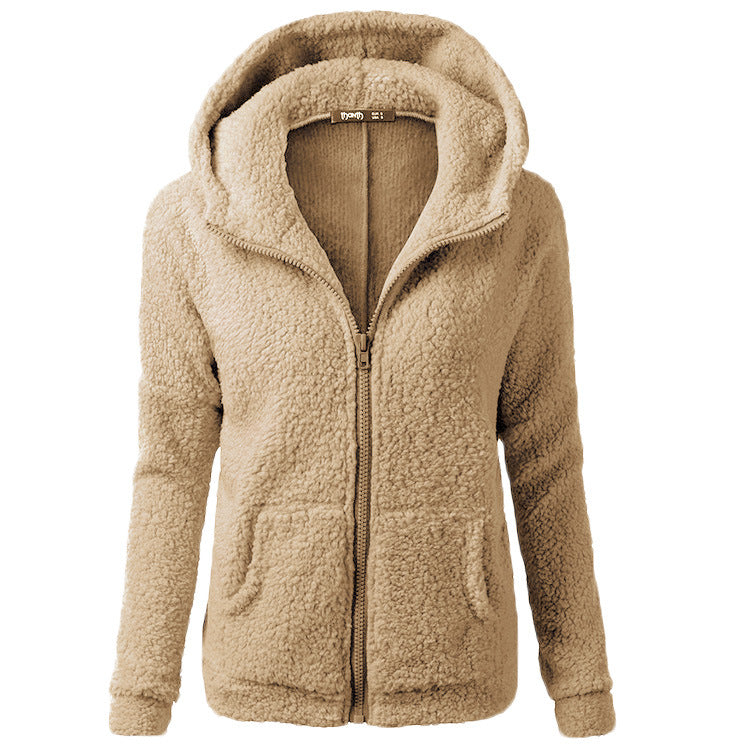 Autumn And winter Women's Clothing Solid Color Hooded Zipper Coat