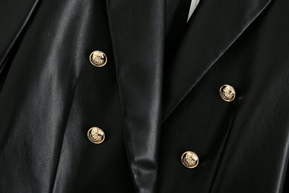 Black Faux Leather Gold Double-Breasted Long Sleeve Lapel Suit