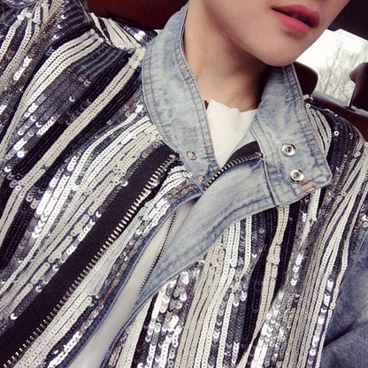 Women New Spring Personality Sequins Denim Jacket Autumn Casual Loose Korean Style Jean Coat Summer High Street Out Wear Clothes