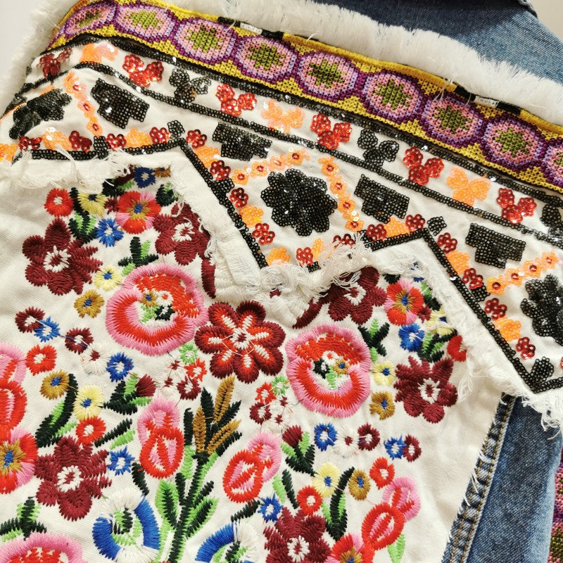 Embroidered Sequined Long-sleeved Denim Jacket