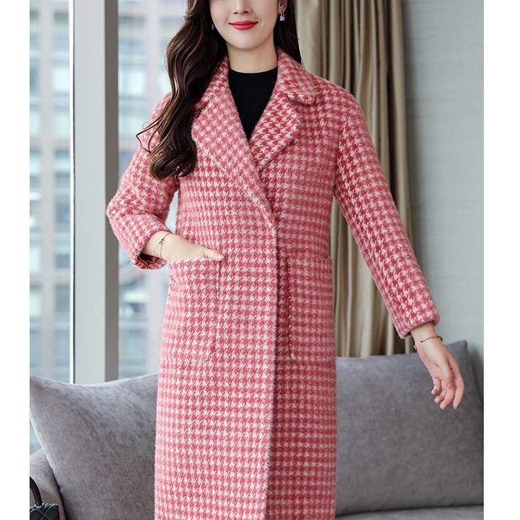 Winter mid-length plaid wool coat with POLO collar